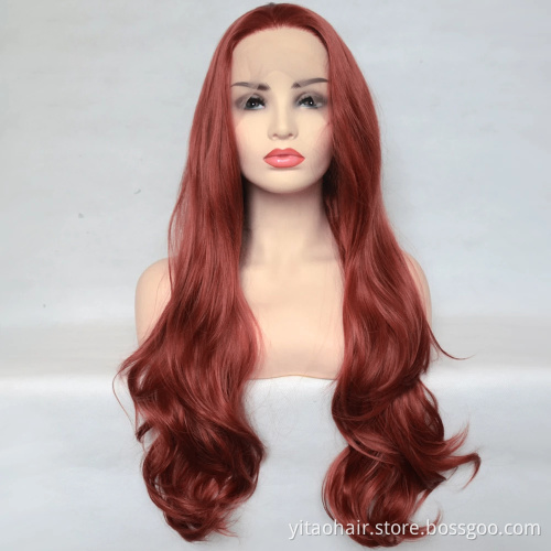Wholesale price synthetic  Copper red color  long wave hair wig deputy synthes tfnadvanced Lace front  wigs vendor
